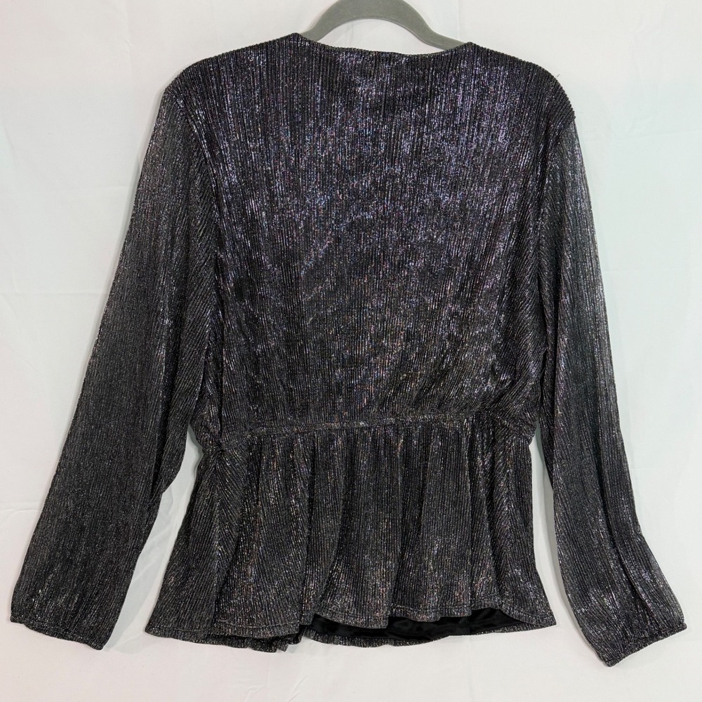 Maurices Silver Metallic Plisse Wrap Peplum Top XXL Long Sleeve‎ Holiday Sparkle - Picture 3 of 11
